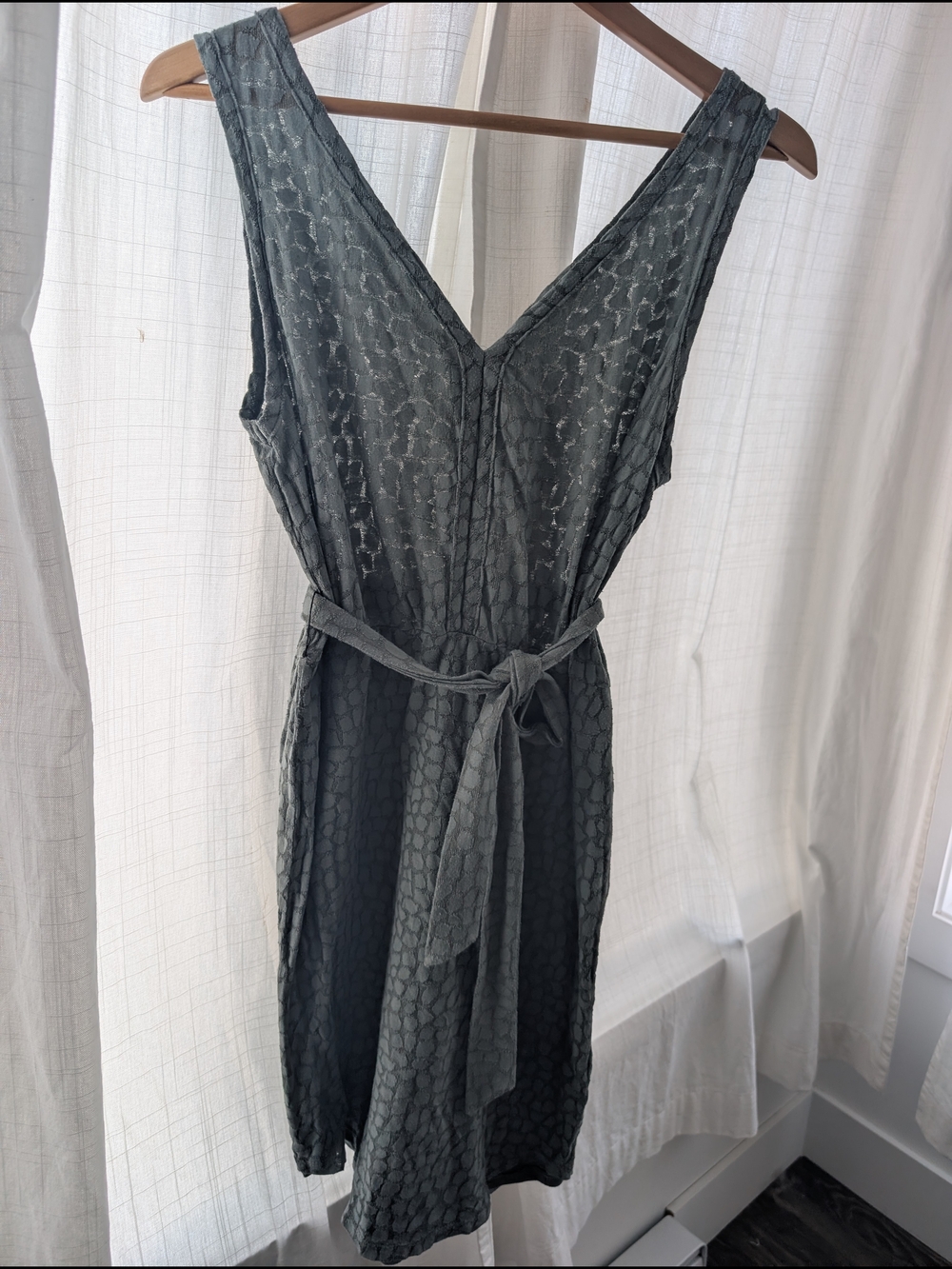 Sleeveless V-Neck Textured Belted Dress | Sage Green | Made In Canada